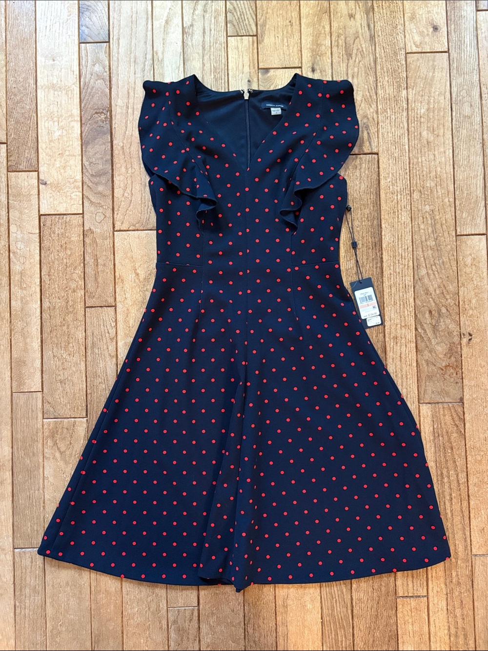 Tommy Hilfiger Navy Dress with Red Polka Dots and Ruffle Sleeves